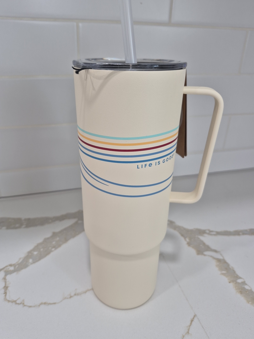 Life Is Good Cream Travel Tumbler with Rainbow Wave Stripe Handle